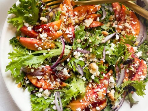 green peach salad with simple lime dressing Summer Peach Salad with Honey Lime Dressing Recipe