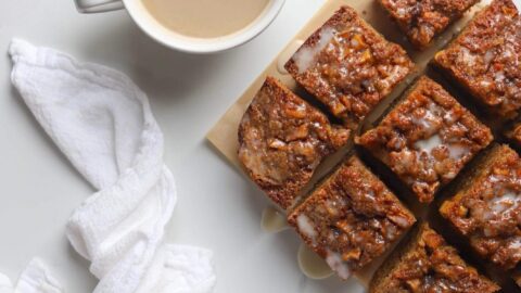 Apple Cake with Porter Fudge Caramel & Hazelnut Granola - Andrew Zimmern